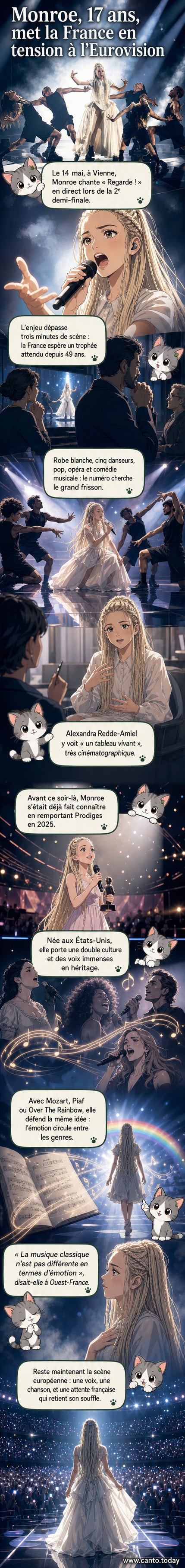 Monroe, jeune chanteuse en robe blanche, interprète « Regarde ! » sur scène à Vienne lors de la 2e demi-finale de l’Eurovision 2026, entourée de danseurs.