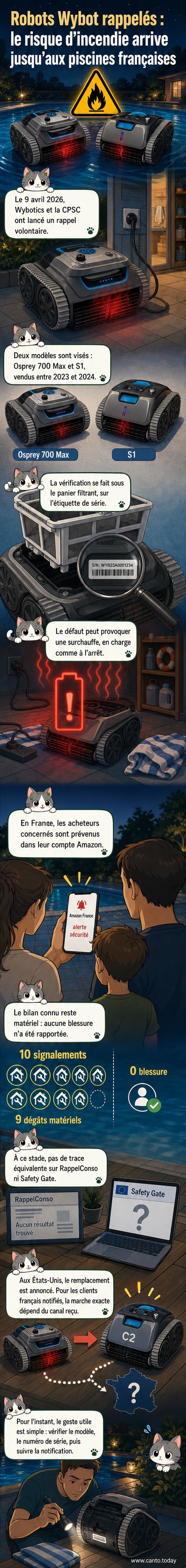 Robot de piscine Wybot gris et bleu posé sur un rebord de bassin, avec un avertissement de sécurité en surimpression.