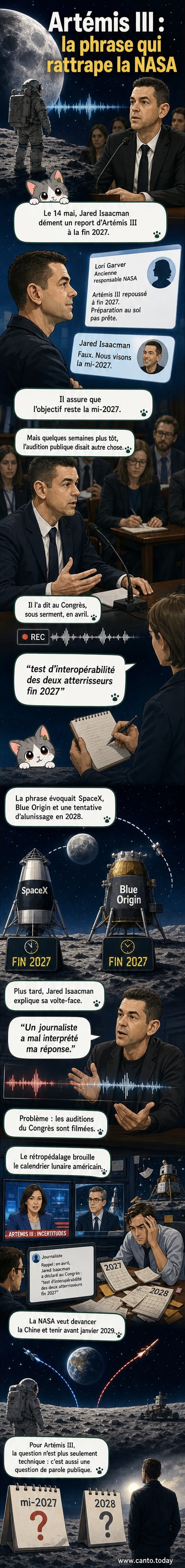 Illustration d'un astronaute sur la Lune avec un drapeau américain, entouré d'icônes de fusée et de calendrier marqué '2027'. En arrière-plan, la Terre vue de l'espace et un micro symbolisant un démenti médiatique.