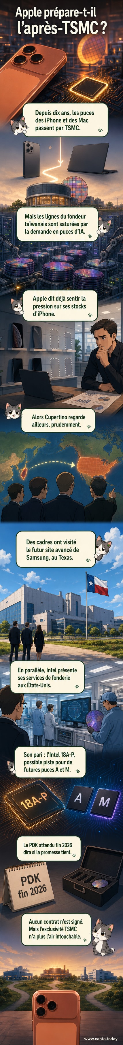 Illustration montrant un processeur Apple entouré des logos TSMC, Intel et Samsung, symbolisant un choix stratégique en cours.