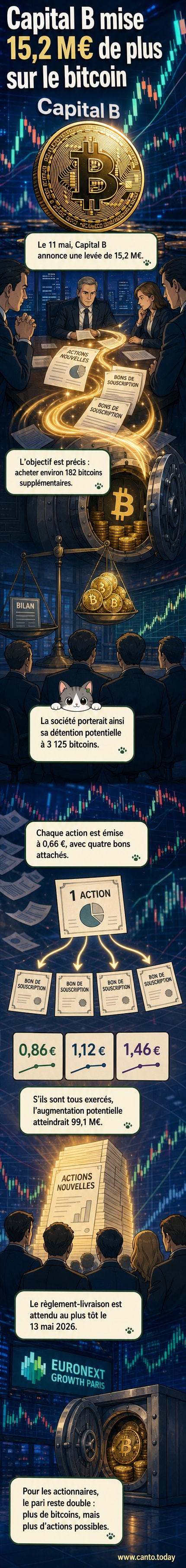 Illustration d'une pile de pièces de bitcoin avec un graphique boursier en arrière-plan, symbolisant une levée de fonds en actions pour l'achat de cryptomonnaie.