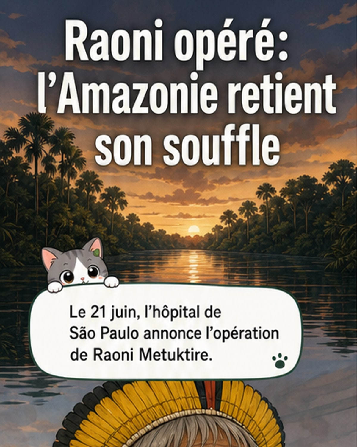 Illustration d’un chef autochtone âgé entouré de la forêt amazonienne, avec un hôpital en arrière-plan.