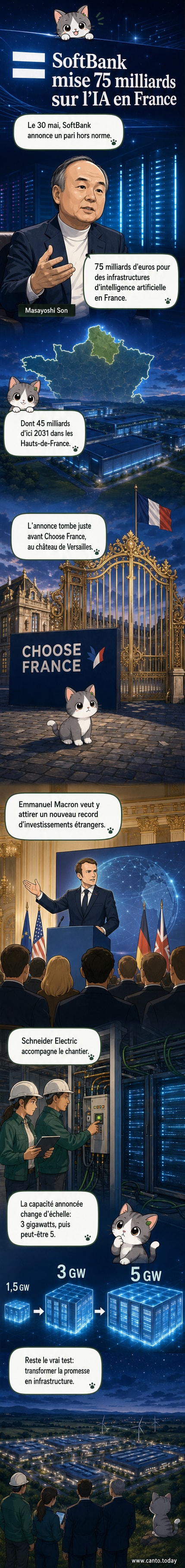 Illustration d’un data center high-tech entouré de symboles d’intelligence artificielle, avec les drapeaux français et japonais en arrière-plan.