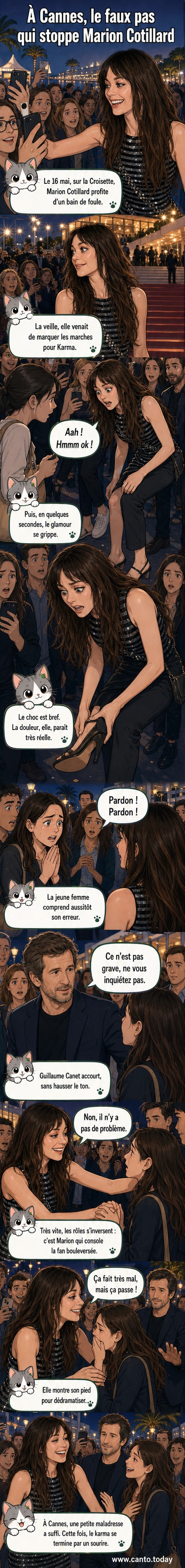 Marion Cotillard et Guillaume Canet à Cannes, entourés de fans, lors d'un bain de foule tendu puis apaisé.