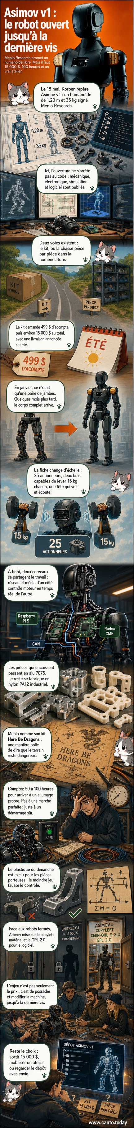 Représentation stylisée du robot humanoïde Asimov v1, entièrement open source, vu de face dans un atelier, avec des plans techniques et des composants électroniques visibles autour.