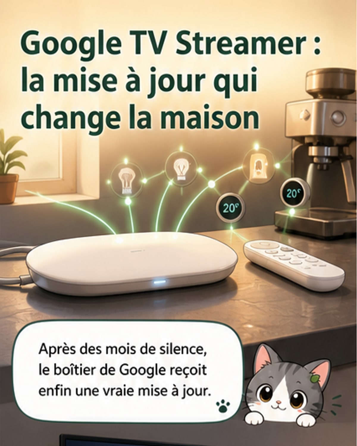 Google TV Streamer avec interface affichant un code QR pour l'ajout d'appareils domotiques, entouré d'icônes d'objets connectés.