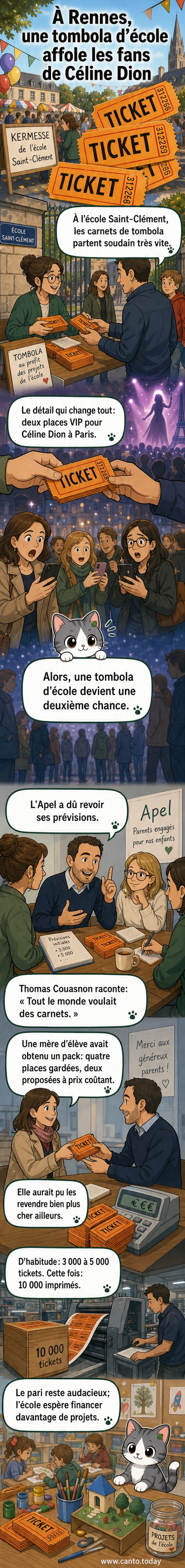 Illustration d'une tombola d'école avec deux billets VIP pour un concert de Céline Dion en vedette, entourée d'enfants et de parents enthousiastes.