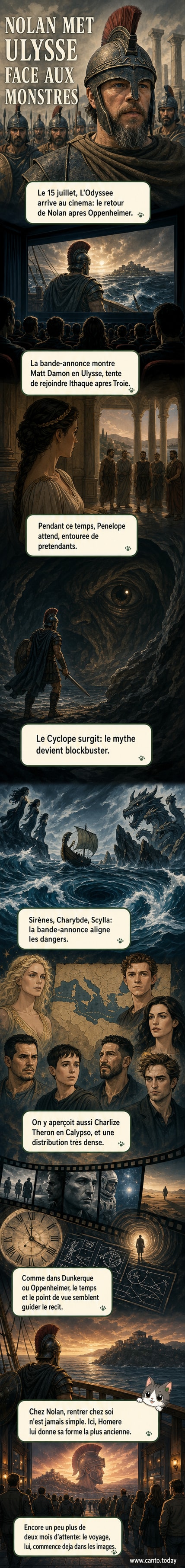 Affiche du film 'L'Odyssée' de Christopher Nolan avec Matt Damon en Ulysse, entouré de créatures mythologiques sous un ciel orageux.