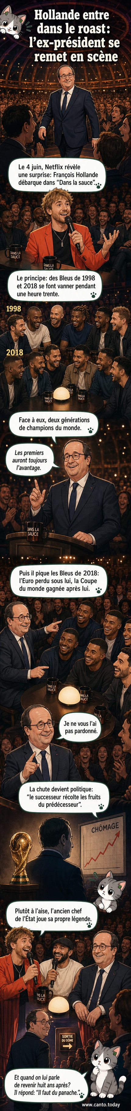 François Hollande souriant sur scène, entouré de footballeurs des équipes de France 1998 et 2018, dans un décor de spectacle comique.
