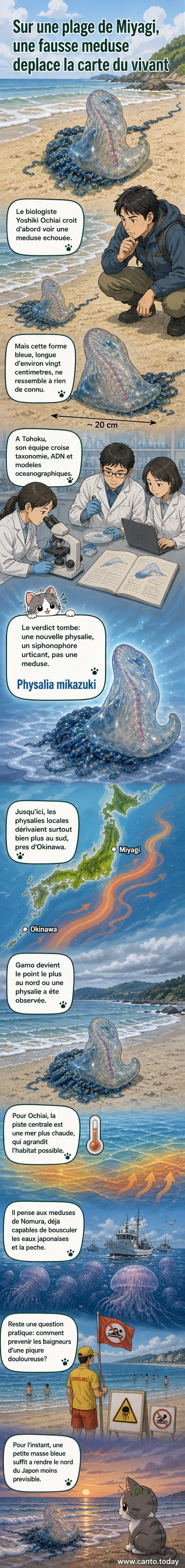 Illustration d'une physalie bleue translucide flottant sur une plage japonaise, avec des tentacules visibles et une légende scientifique.