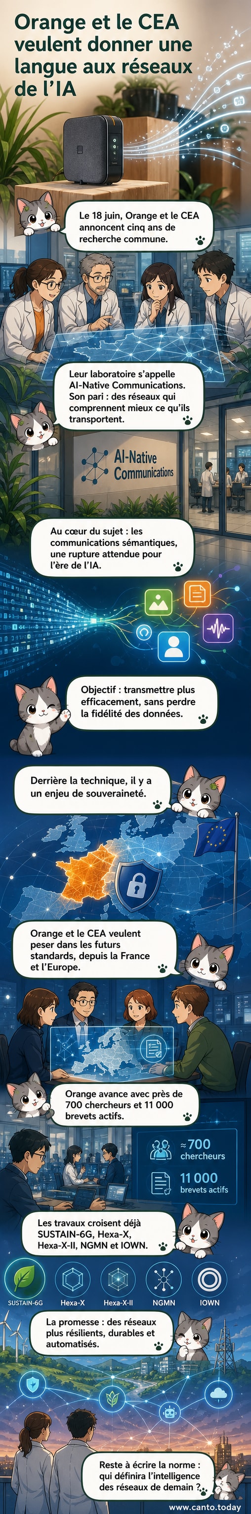 Illustration d'un réseau de communication futuriste reliant des symboles représentant l'IA et les télécommunications, avec les logos d'Orange et du CEA.