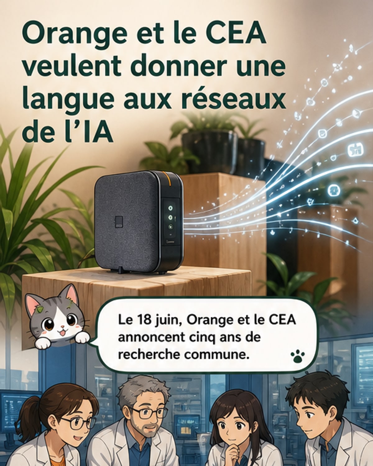 Illustration d'un réseau de communication futuriste reliant des symboles représentant l'IA et les télécommunications, avec les logos d'Orange et du CEA.