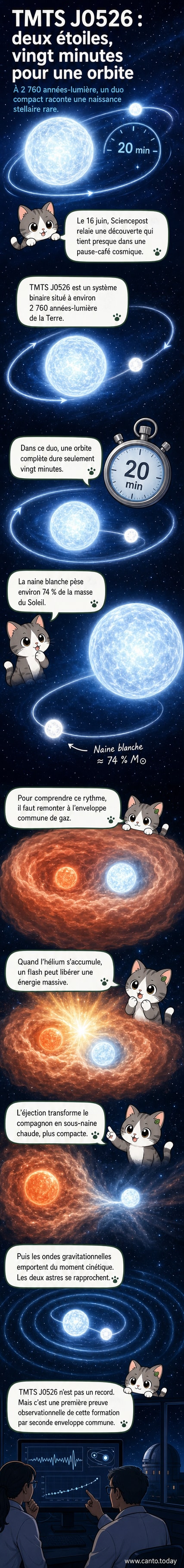 Illustration d’un système binaire avec une naine blanche et une sous-naine chaude en orbite très rapprochée, entourées de résidus de gaz éjectés.