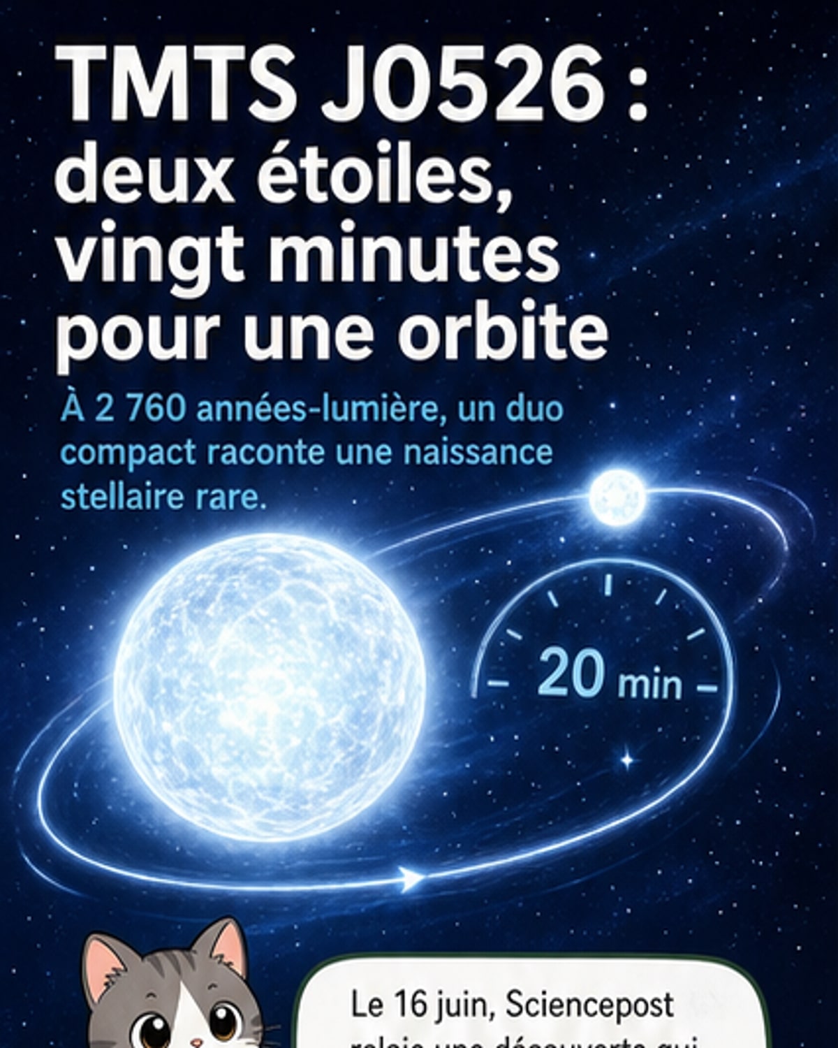 Illustration d’un système binaire avec une naine blanche et une sous-naine chaude en orbite très rapprochée, entourées de résidus de gaz éjectés.