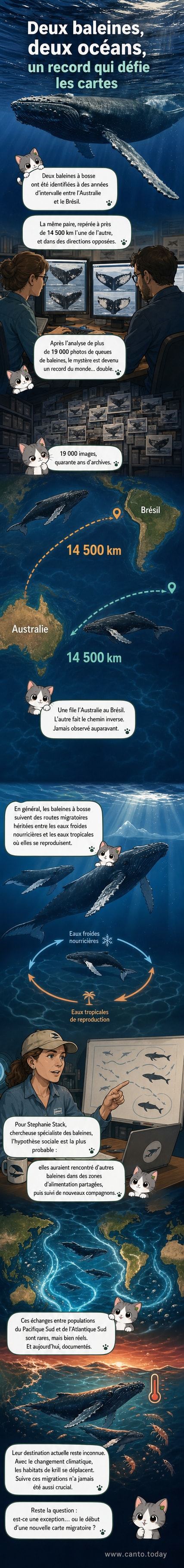 Illustration d'une baleine à bosse nageant entre l’Australie et le Brésil, avec une carte montrant son trajet de 14 500 km à travers deux océans, accompagnée de photos de nageoires caudales analysées par IA.