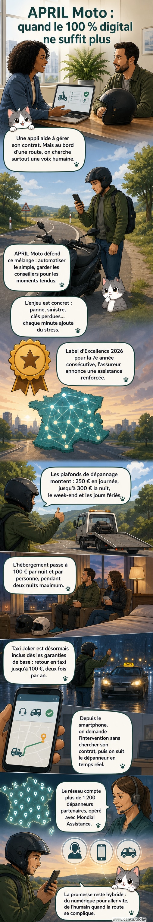 Une moto immobilisée sur le bas-côté d'une route de campagne, un motard appelle l'assistance April Moto depuis son smartphone, avec un dépanneur en route en arrière-plan.