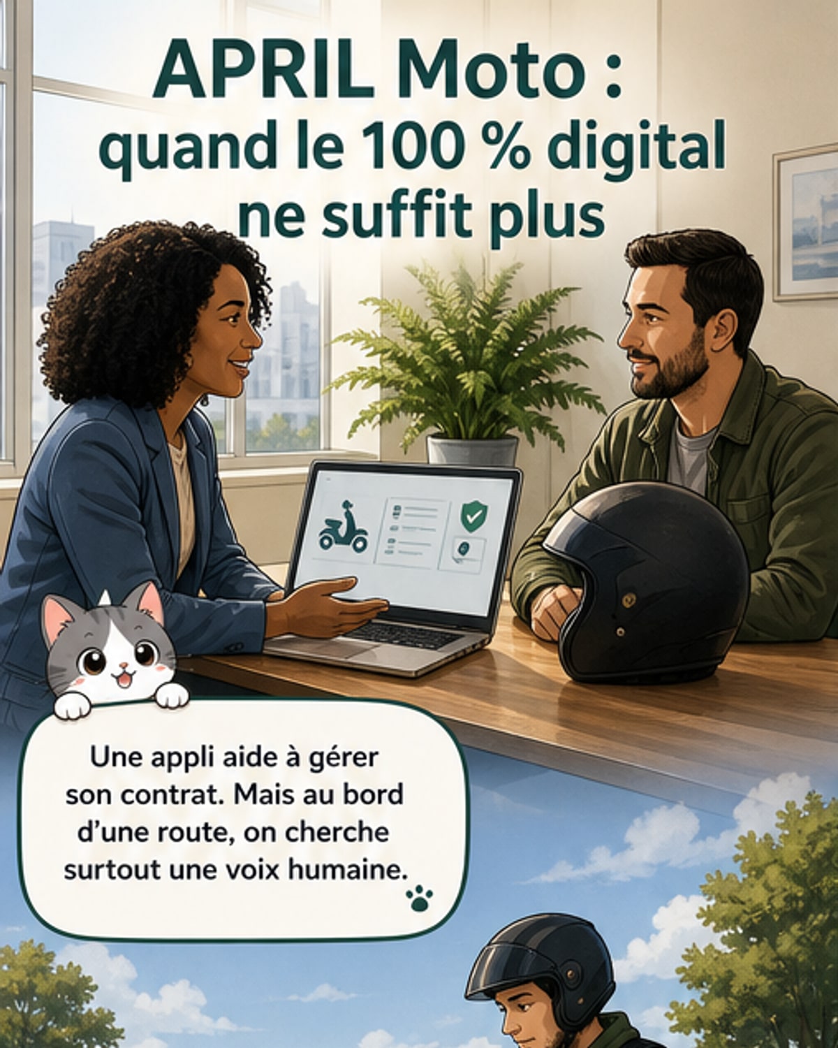 Une moto immobilisée sur le bas-côté d'une route de campagne, un motard appelle l'assistance April Moto depuis son smartphone, avec un dépanneur en route en arrière-plan.