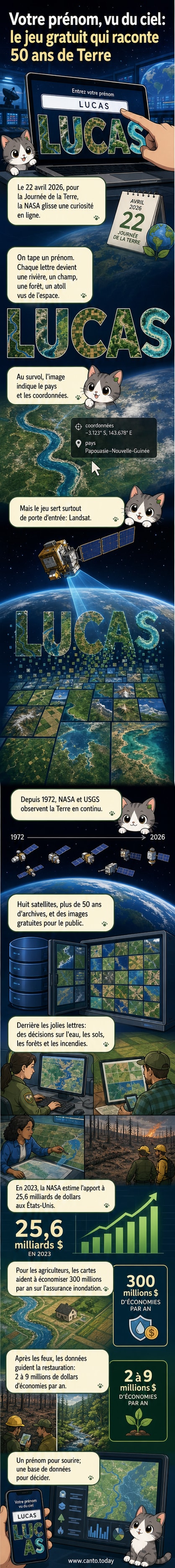 Visualisation d'un prénom formé par des images satellites de la Terre, montrant des lettres créées à partir de rivières, forêts et atolls vus d'en haut.