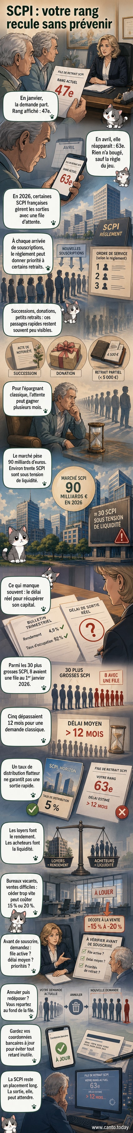 Illustration d'une file d'attente avec des investisseurs, dont un regarde sa place reculer alors qu'il n'a rien fait.