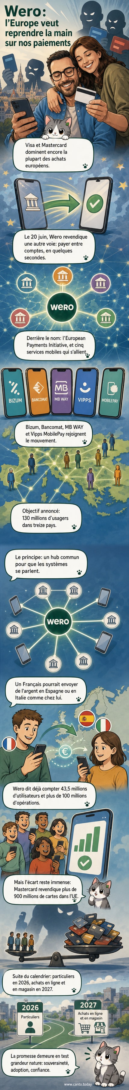 Infographie montrant l'expansion de Wero en Europe, comparée à l'empreinte de Visa et Mastercard, avec des icônes de transferts instantanés entre pays.