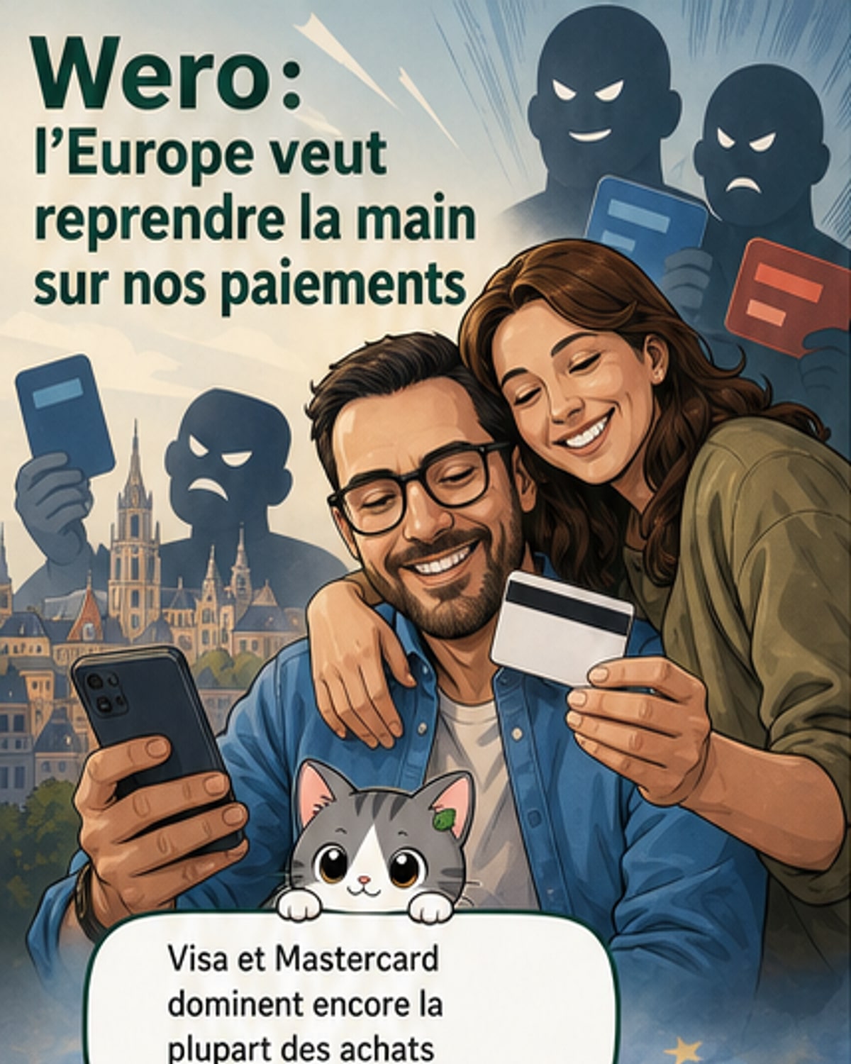 Infographie montrant l'expansion de Wero en Europe, comparée à l'empreinte de Visa et Mastercard, avec des icônes de transferts instantanés entre pays.
