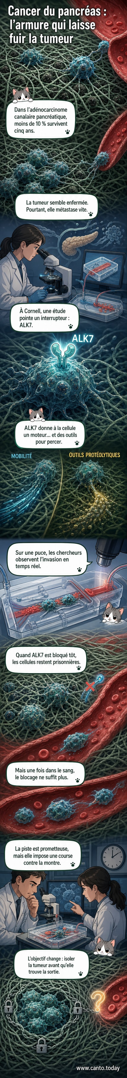 Modèle 3D d'un vaisseau tumoral sur puce, montrant des cellules cancéreuses du pancréas (vertes) traversant une membrane basale (jaune) pour pénétrer un vaisseau sanguin artificiel (rouge).