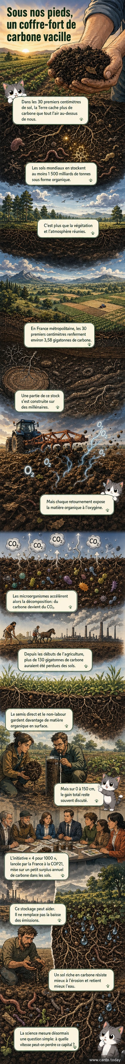 Illustration d’un sol en coupe montrant la concentration de carbone organique dans les 30 premiers centimètres, comparée à l’atmosphère et à la végétation, avec des racines, micro-organismes et particules de matière organique visibles.