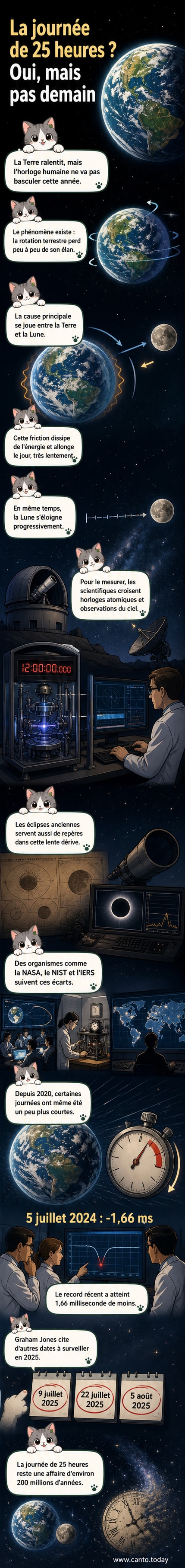 Illustration d'une Terre en rotation avec une Lune s'éloignant lentement, des courbes de marée et des chiffres montrant l'allongement progressif du jour.