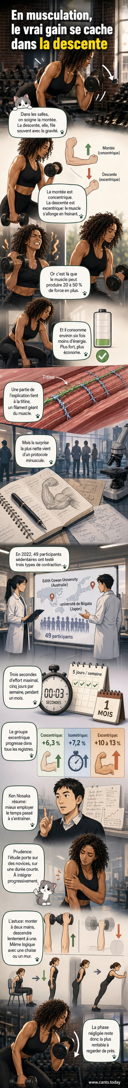 Illustration d'une personne faisant un curl biceps avec une flèche montrant la descente lente du poids, symbolisant la phase excentrique de la musculation.