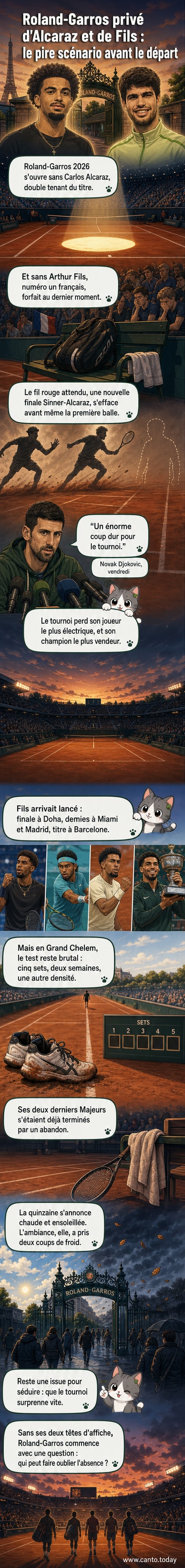 Illustration d'un court de Roland-Garros vide, avec les silhouettes d'Alcaraz et Fils en arrière-plan flou, symbolisant leur absence.
