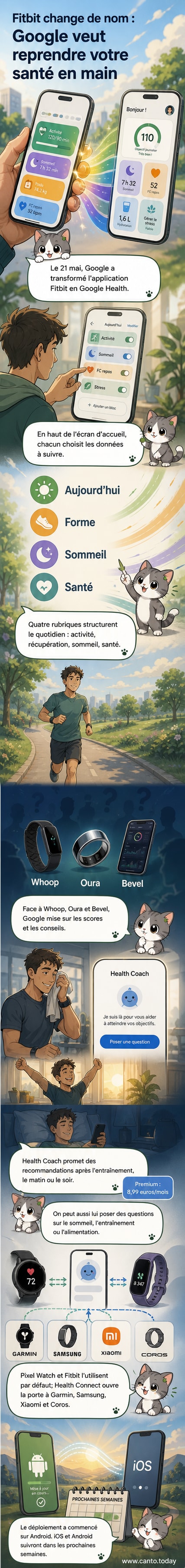 Capture d'écran de l'application Google Health montrant une interface moderne avec des onglets pour la forme, le sommeil et la santé, accompagnée d'un coach IA.