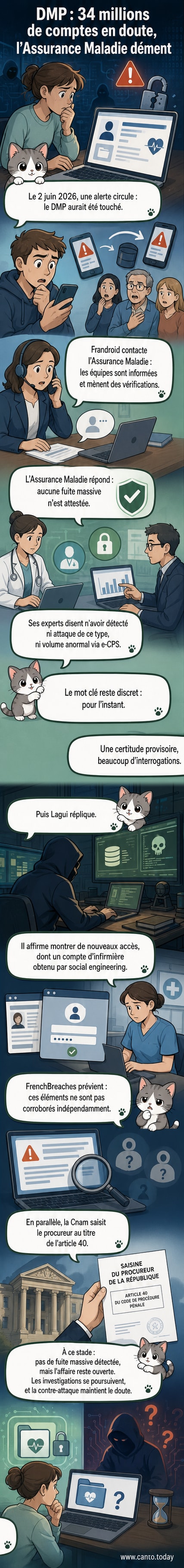 Illustration d'un dossier médical numérique fissuré, avec des symboles de verrou brisé et des données personnelles qui s'échappent, sur fond de réseau informatique.