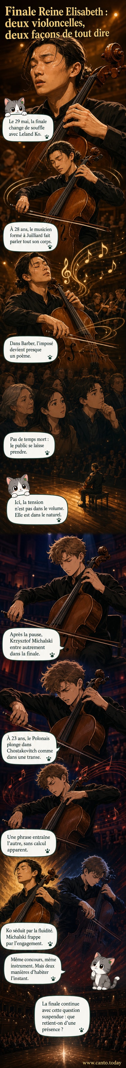 Illustration stylisée de deux musiciens en pleine performance : à gauche, un pianiste aux gestes fluides, à droite, un violoncelliste intensément concentré sous les feux de la rampe.