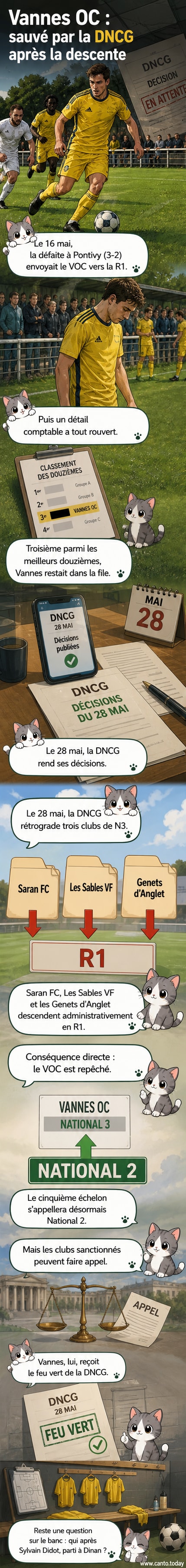 Joueurs du Vannes OC sur le terrain après leur match contre la GSI Pontivy, sous un ciel nuageux, avec des supporters en arrière-plan.