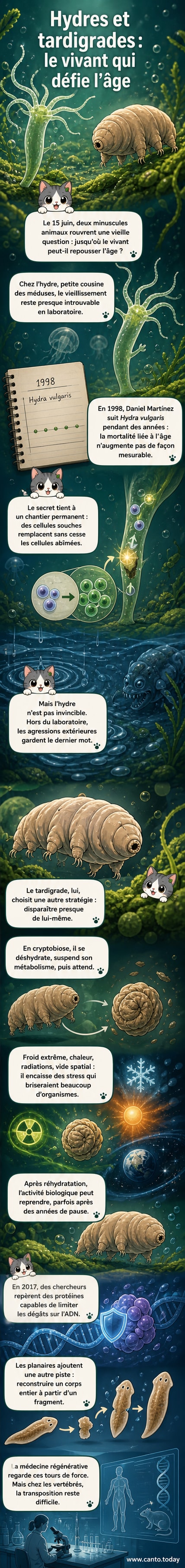 Illustration d'une hydre et d'un tardigrade, deux micro-organismes aux capacités extraordinaires : l'un ne vieillit pas, l'autre survit aux conditions extrêmes.