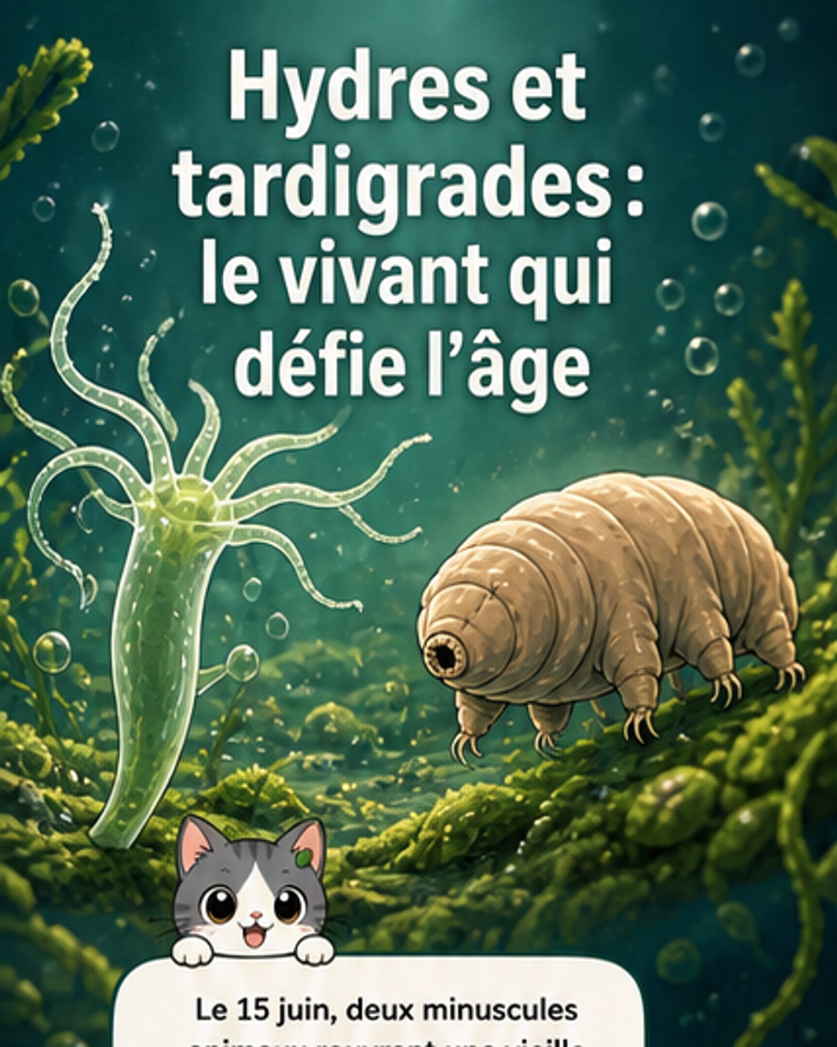 Illustration d'une hydre et d'un tardigrade, deux micro-organismes aux capacités extraordinaires : l'un ne vieillit pas, l'autre survit aux conditions extrêmes.