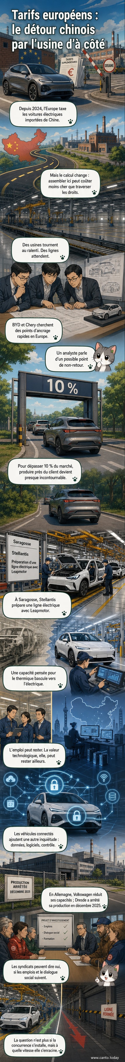 Illustration d'une usine européenne avec des véhicules électriques chinois en cours d'assemblage, entourée de symboles de drapeaux européen et chinois.