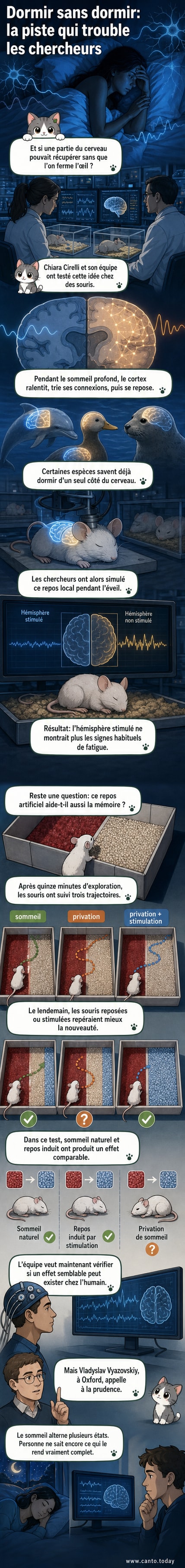 Illustration d'un cerveau humain avec une lumière bleue ciblant un hémisphère, symbolisant la stimulation neuronale pendant l'éveil pour imiter les effets du sommeil profond.