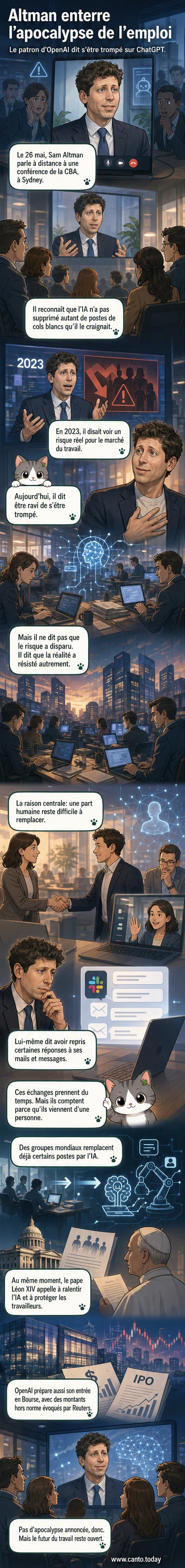 Illustration d'un homme face à un écran affichant un robot en train de taper un e-mail, avec une bulle de dialogue où Sam Altman dit : « Je me suis trompé sur l'impact de l'IA sur l'emploi. »