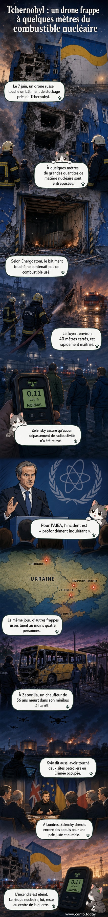 Image satellite montrant des dégâts sur un bâtiment de stockage de combustible nucléaire près de Tchernobyl, avec des traces d’impact et de brûlure visibles sur le toit et les murs.