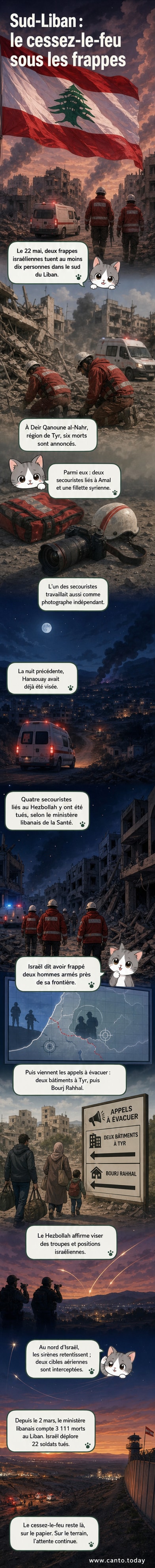Illustration d'une scène de frappe aérienne dans le sud du Liban, avec des secouristes tombés et des bâtiments endommagés, sous un ciel fumant.