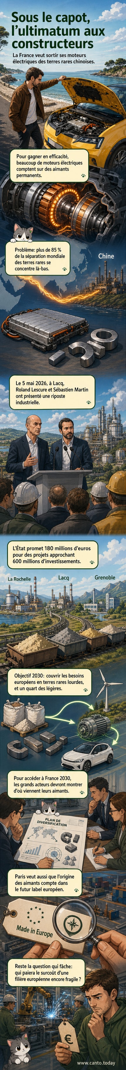 Illustration d’un moteur électrique avec des aimants en néodyme, entouré de symboles représentant la Chine, la France et des circuits industriels, soulignant la course à l’indépendance technologique.