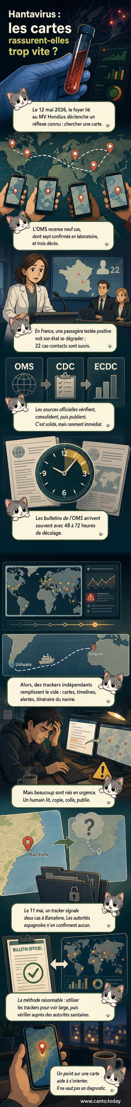 Carte interactive montrant la propagation des cas de hantavirus liés au navire MV Hondius, avec des points colorés indiquant les cas confirmés, suspects et décédés.