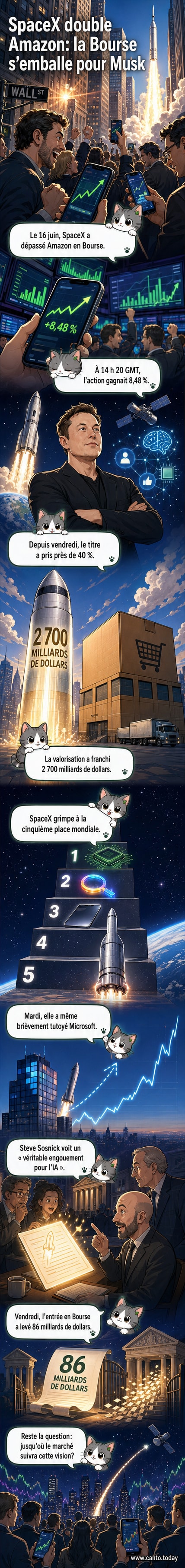 Graphique montrant les capitalisations boursières des plus grandes entreprises mondiales, avec SpaceX en 5e position, dépassant Amazon.