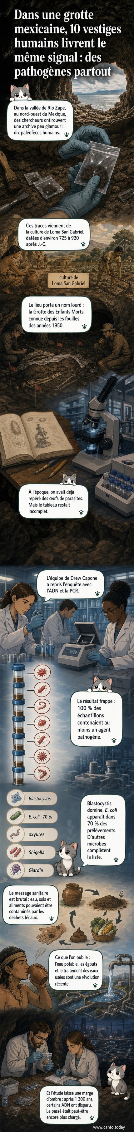 Représentation illustrée d'une grotte mexicaine avec des scientifiques analysant des échantillons de matières fécales anciennes sous un microscope, entourés de symboles de bactéries et de parasites.