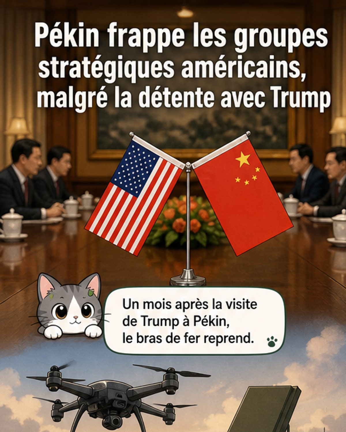 Illustration d'un affrontement symbolique entre la Chine et les États-Unis, représenté par des silhouettes de dirigeants et des logos d'entreprises technologiques et de défense encerclés par des flèches de sanctions.