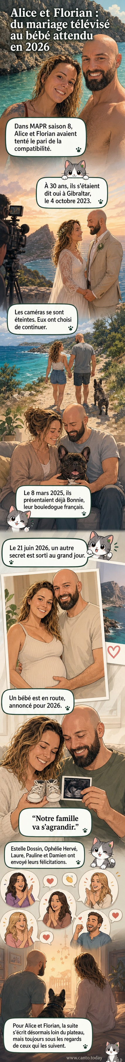 Photo du couple Florian et Alice, souriants, avec Alice montrant son ventre arrondi lors de l'annonce de leur grossesse.