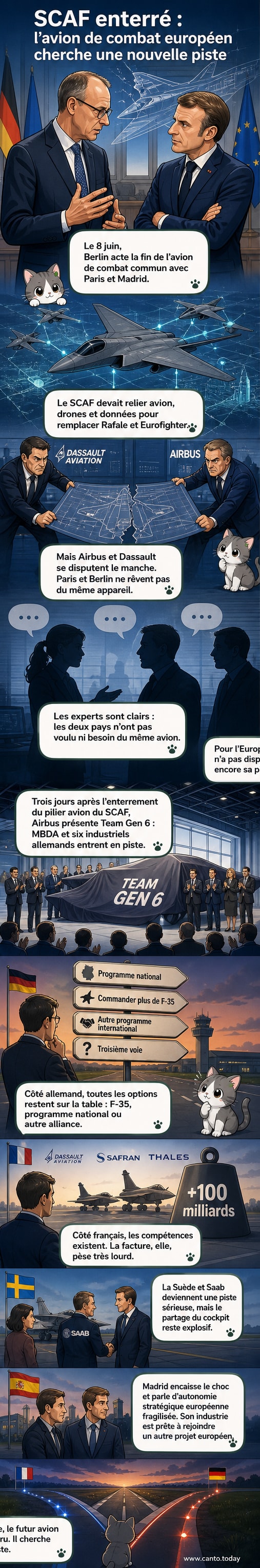 Illustration d'un avion de combat futuriste avec les drapeaux français et allemand en arrière-plan, entouré de symboles industriels et militaires, symbolisant la coopération européenne en défense.