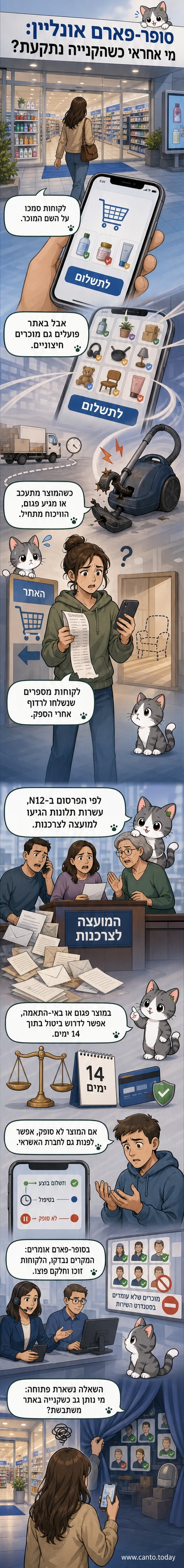 תמונה של מרכולית סופר פארם עם סמל 'לא תקין' על שואב אבק ותיבת רהיטים פתוחה.