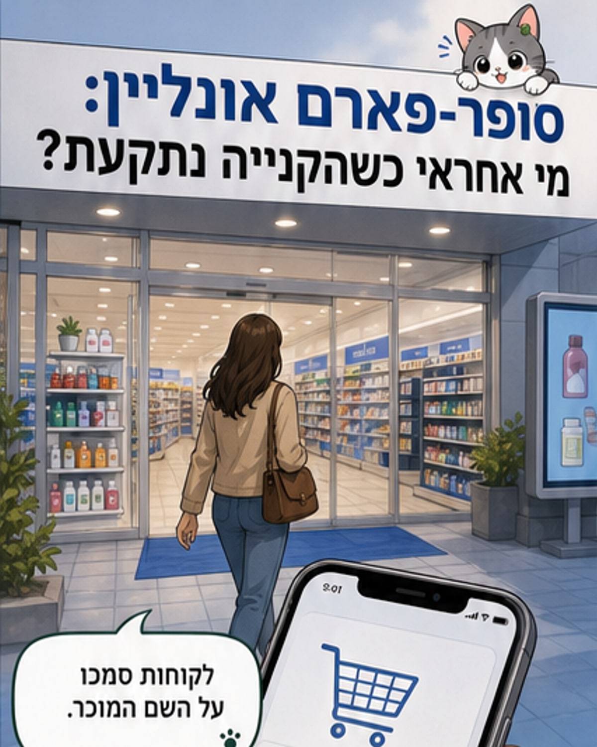 תמונה של מרכולית סופר פארם עם סמל 'לא תקין' על שואב אבק ותיבת רהיטים פתוחה.